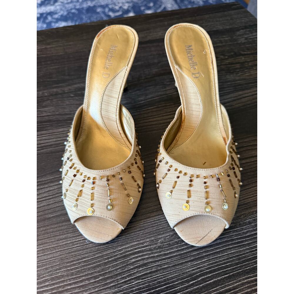 6/$25 Michelle D. A Satin Beaded Peep Toe Mules Sz. 7